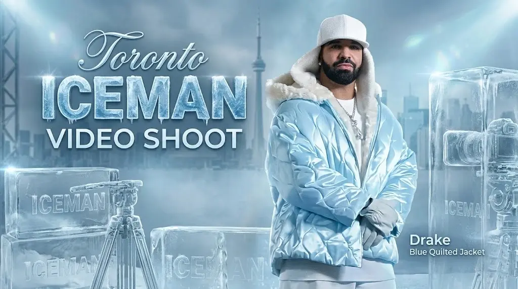 Toronto ICEMAN Video Shoot Drake Blue Quilted Jacket
