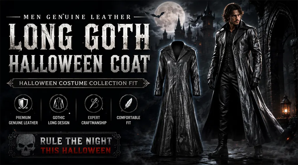 Men Genuine Leather Long Goth Halloween Coat