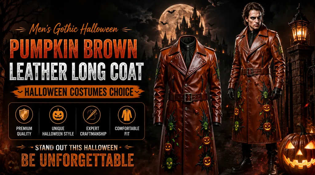 Men’s Gothic Halloween Pumpkin Brown Leather Long Coat