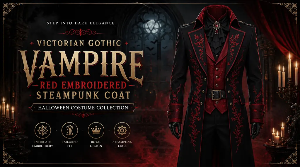Victorian Gothic Vampire Red Embroidered Steampunk Coat