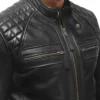 Asher Black Leather Moto Jacket Snap Tab