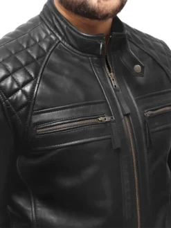 Asher Black Leather Moto Jacket Snap Tab
