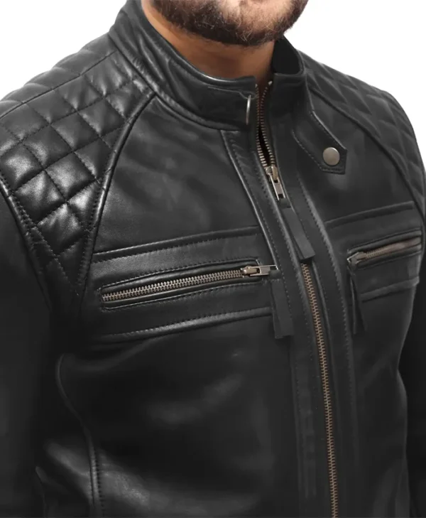 Asher Black Leather Moto Jacket Snap Tab