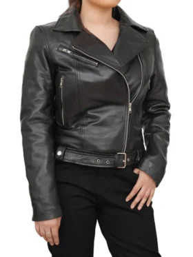 Asymmetrical Leather Black Motorcycle Jacket For Women