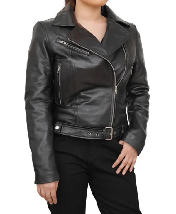 Asymmetrical Leather Black Motorcycle Jacket For Women