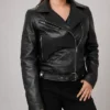 Black Asymmetrical Leather Motorcycle Jacket For Women Front