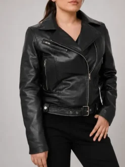 Black Asymmetrical Leather Motorcycle Jacket For Women Front