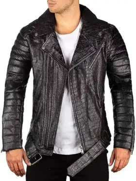 Black Biker Crocodile Skin Leather Jacket