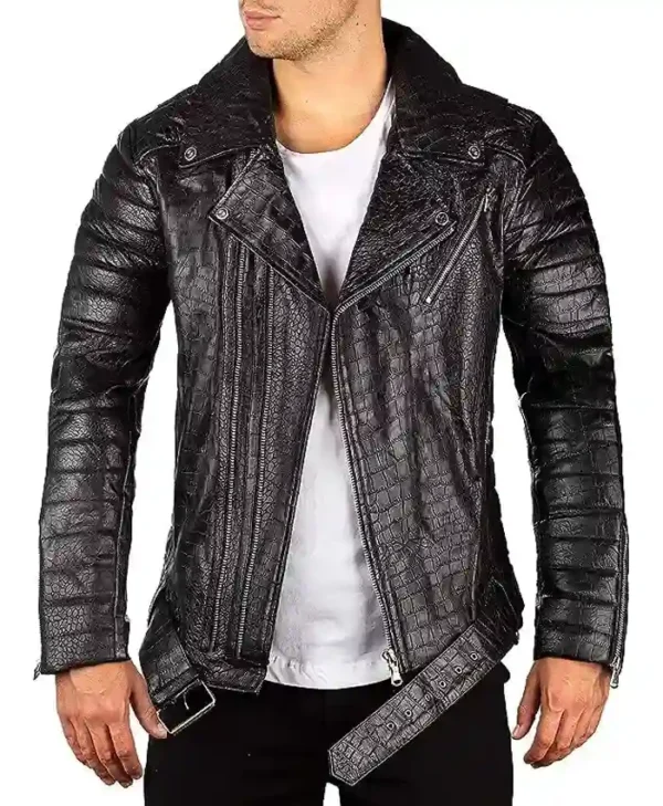 Black Biker Crocodile Skin Leather Jacket 1