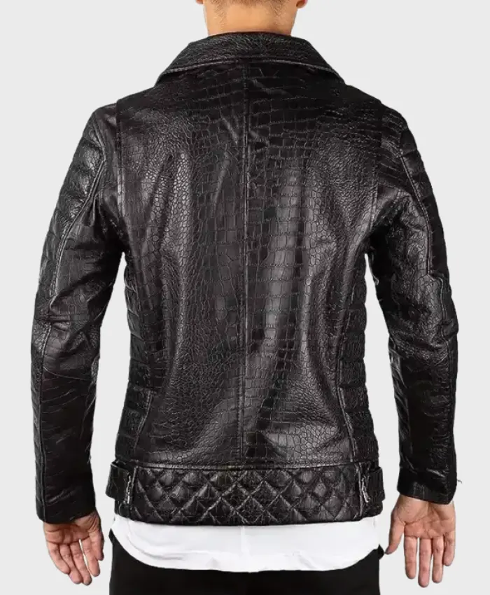 Black Biker Crocodile Skin Leather Jacket Back