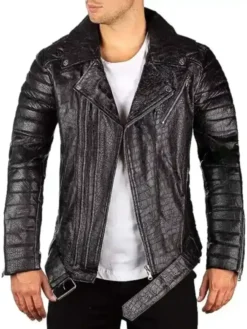 Black Biker Crocodile Skin Leather Jacket Front