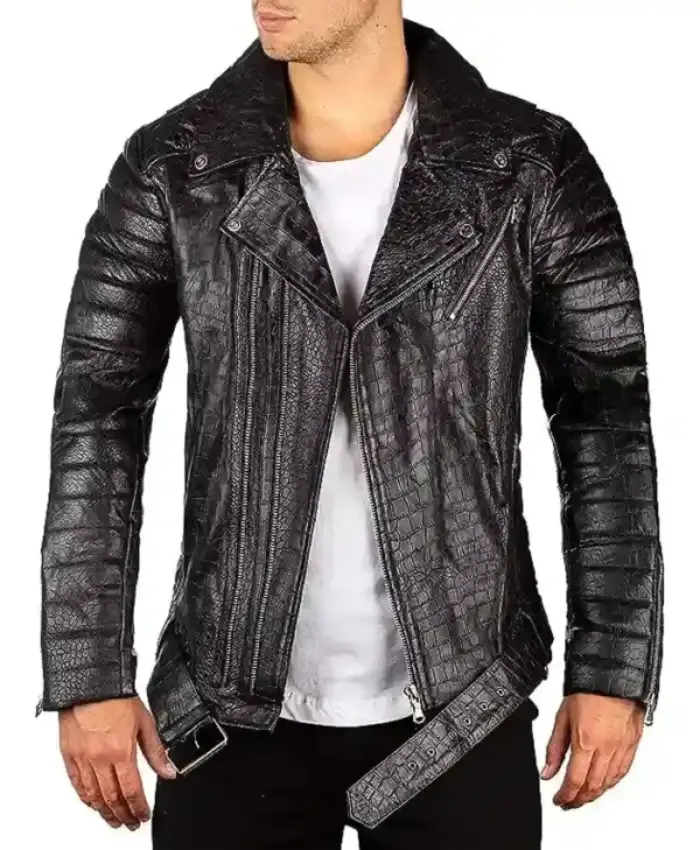 Black Biker Crocodile Skin Leather Jacket Front