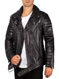 Black Biker Crocodile Skin Leather Jacket Right Side
