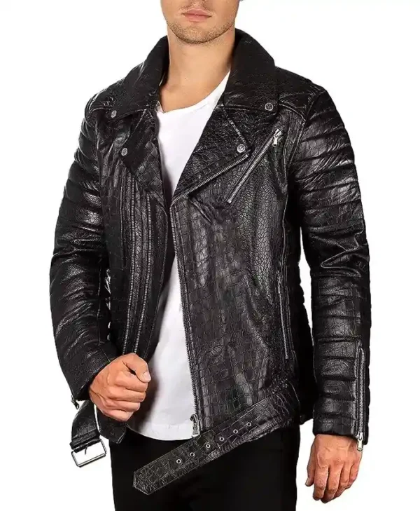 Black Biker Crocodile Skin Leather Jacket Right Side