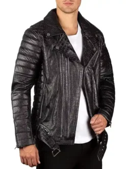 Black Biker Crocodile Skin Leather Jacket Side