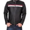 Black Cafe Racer Leather Jacket with Striped
