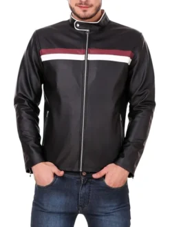 Black Cafe Racer Leather Jacket with Striped