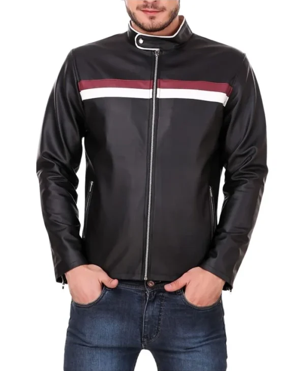 Black Cafe Racer Leather Jacket with Striped