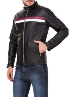 Black Cafe Racer Leather Jacket with Strips Side Style
