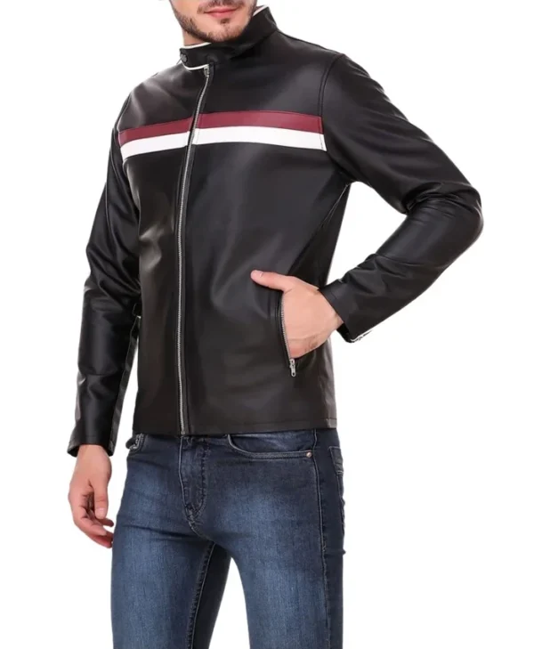 Black Cafe Racer Leather Jacket with Strips Side Style