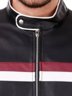 Black Cafe Racer Leather Jacket with Strips Snap