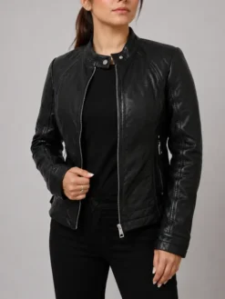 Black Cafe Racer Vintage Leather Jacket For Women’s Front