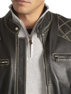 Black Vintage Cafe Racer Leather Jacket Collar