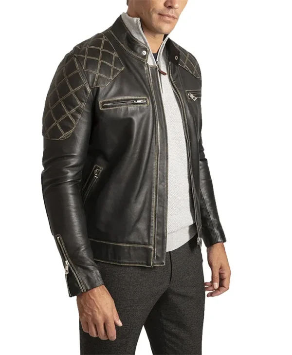 Black Vintage Cafe Racer Leather Jacket Left