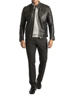 Black Vintage Cafe Racer Leather Jacket Walk