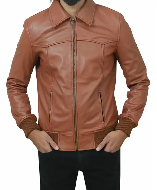 Brown Bomber Leather Jacket For Men