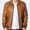 Brown Classic Leather Jacket Stand Up