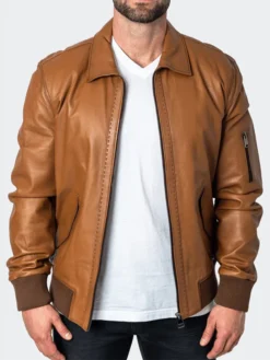 Brown Classic Leather Jacket Stand Up