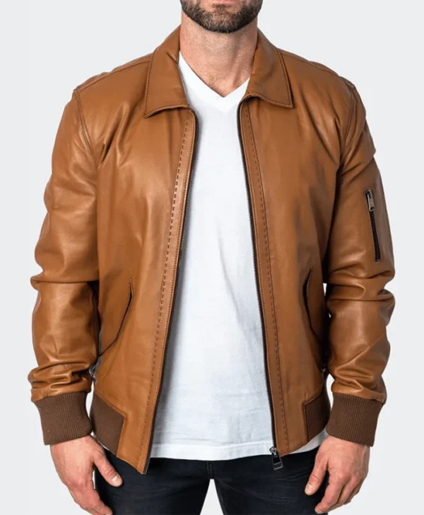Brown Classic Leather Jacket Stand Up