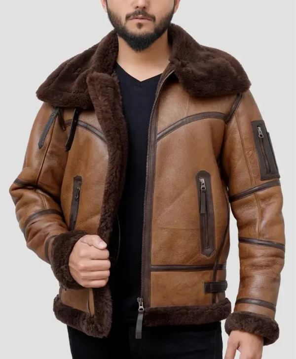 Brown Leather Aviator Jacket Mens Zipper