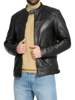 Mens Basic Black Leather Motorcycle Jacket Main