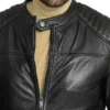 Men’s Basic Black Leather Motorcycle Jacket Snap Tab