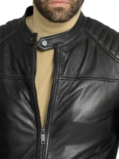 Mens Basic Black Leather Motorcycle Jacket Snap Tab