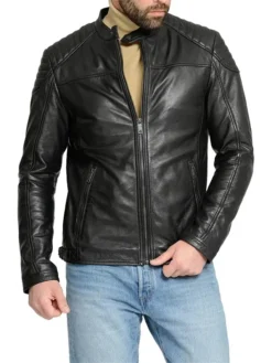 Mens Basic Black Leather Motorcycle Jacket Style
