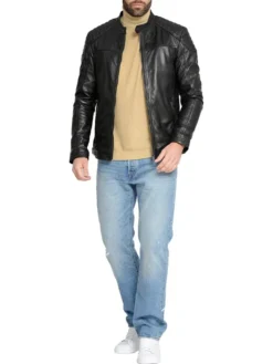 Mens Basic Black Leather Motorcycle Jacket Walk