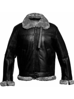 Mens Black RAF B3 Bomber Jacket Fur Collar Belt