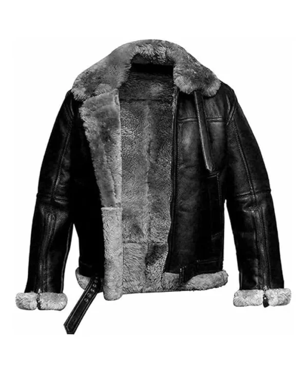 Mens Black RAF B3 Bomber Jacket Fur Collar Front
