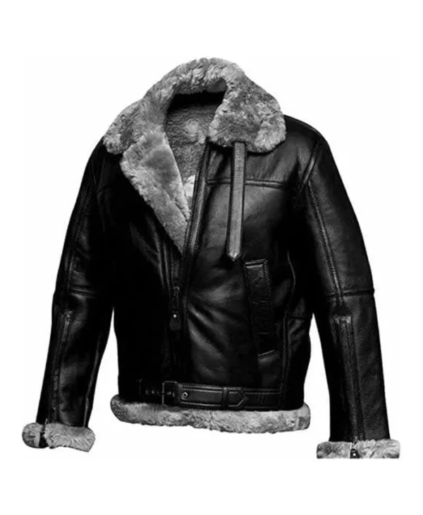 Mens Black RAF B3 Bomber Jacket Fur Collar Side