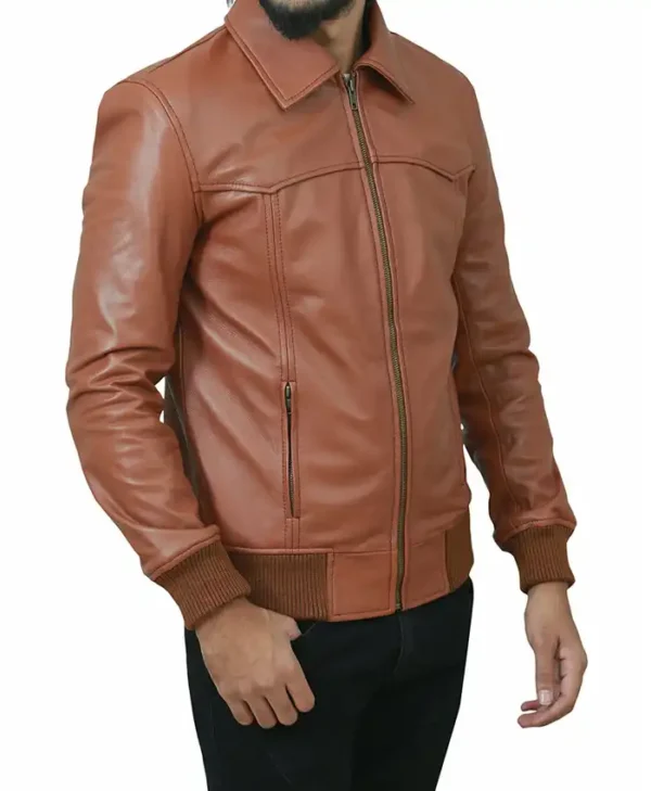 Men’s Brown Leather Bomber Jacket Fashion Style