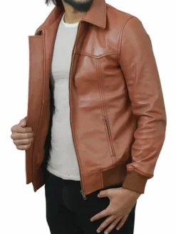 Mens Brown Leather Bomber Jacket For Fashion Style