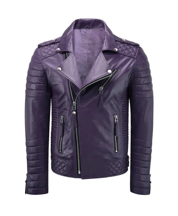 Mens Purple Quilted Leather Biker Jacket