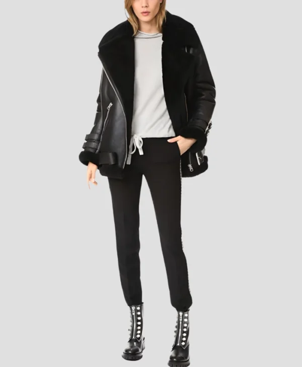 Mia Womens Shearling Leather Jacket Stand Up