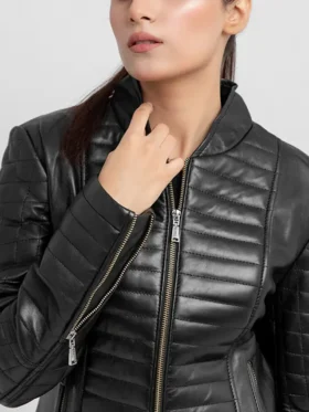 Sophia Womens Quilted Leather Jacket Collar