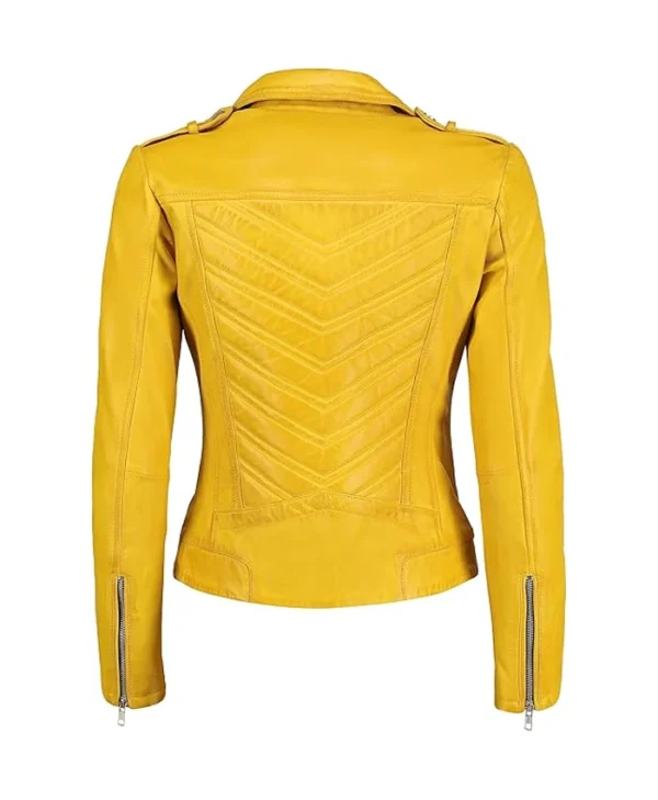 Women Biker Yellow Leather Jacket Back