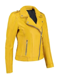 Women Biker Yellow Leather Jacket Left Side