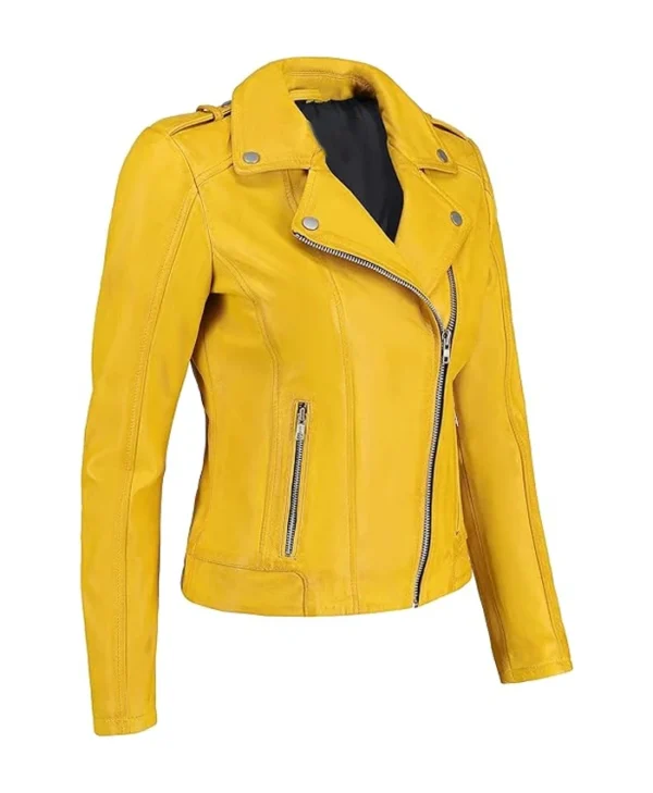 Women Biker Yellow Leather Jacket Left Side